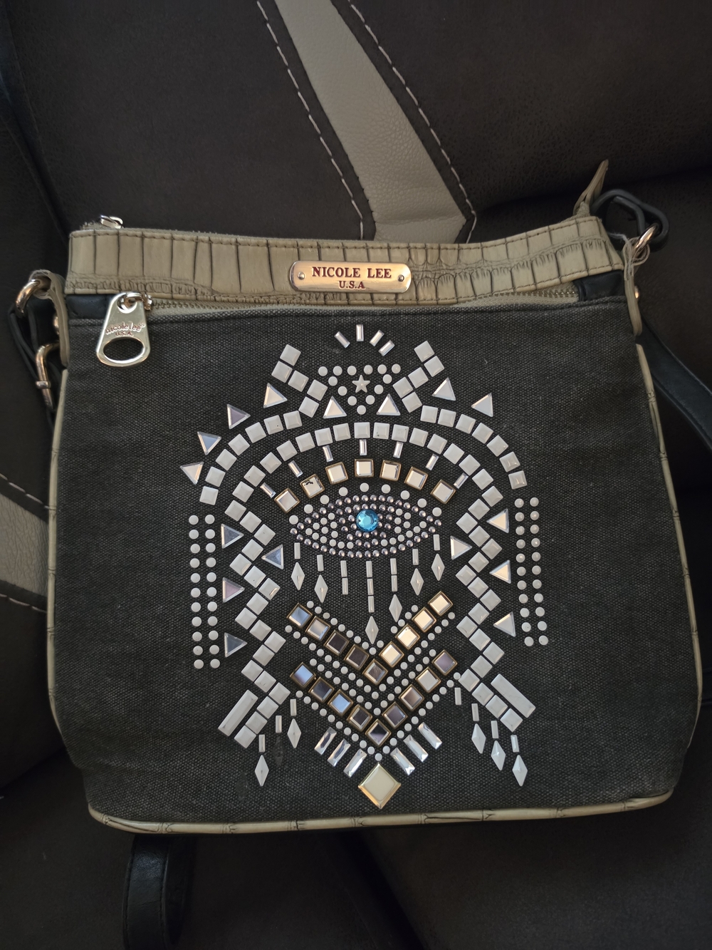 Nicole Lee Black & Taupe Crossbody Bag with Studded Eye Design